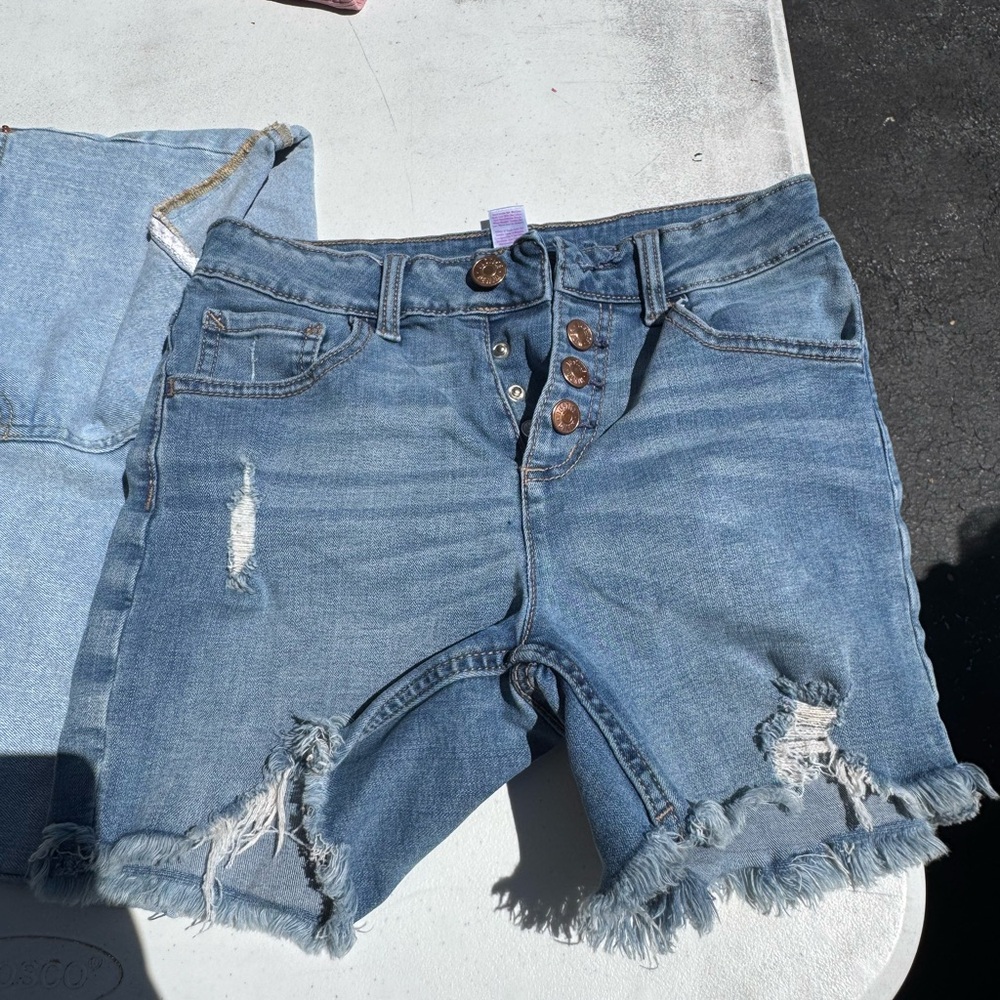 Distressed Button-Fly Denim Shorts - Light Blue